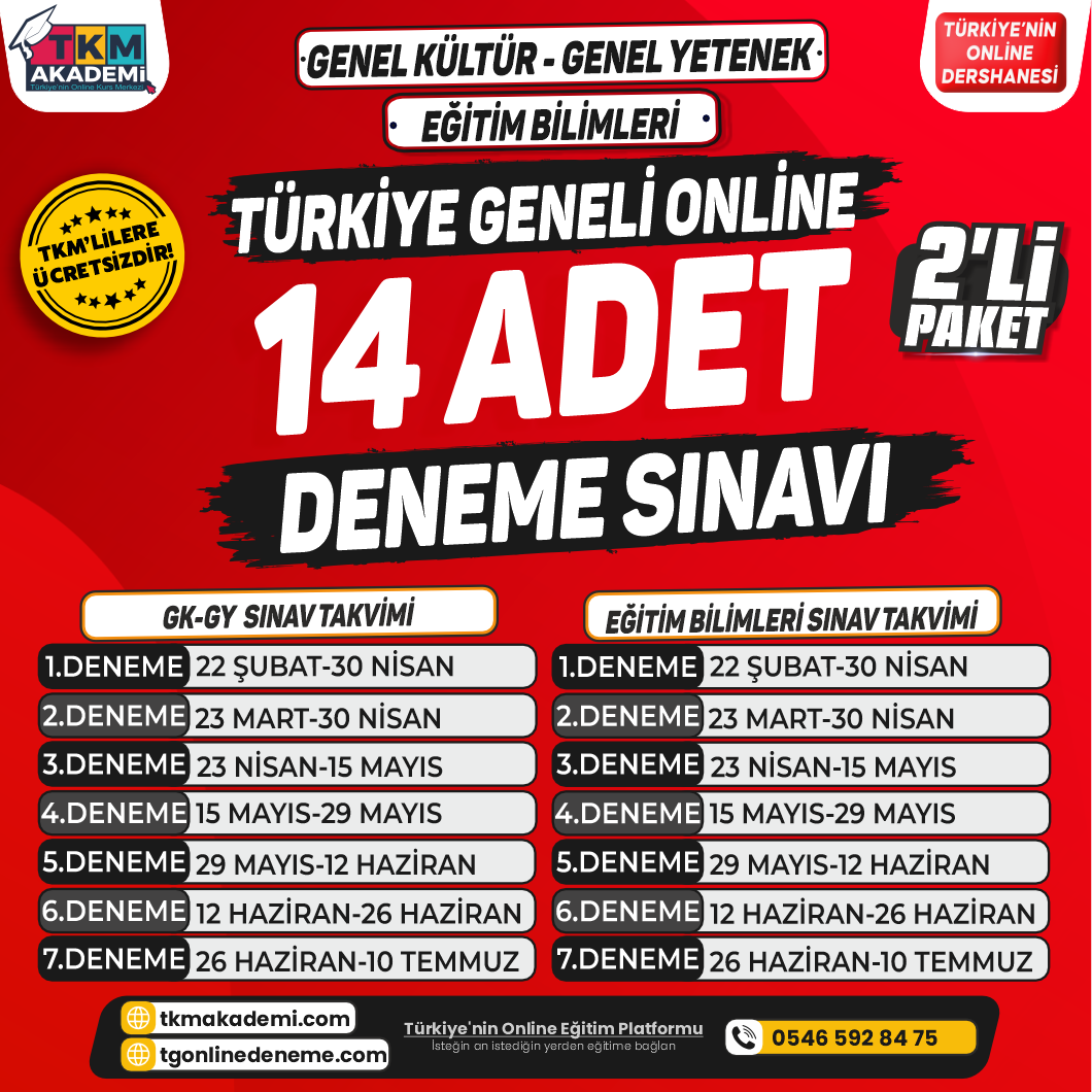 TKM Akademi GK-GY ve Eğitim Bilimleri Türkiye Geneli 14 Adet Deneme Sınavı